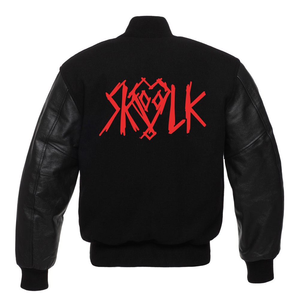 SKVLK VARSITY LETTERMAN JACKET WITH RED EMBROIDERED LOGO - GENUINE WOOL & LEATHER SLEEVES