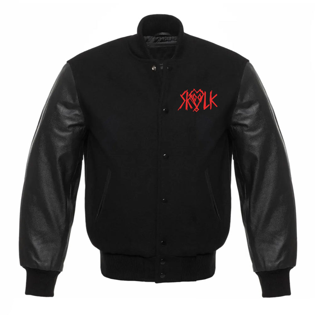SKVLK VARSITY LETTERMAN JACKET WITH RED EMBROIDERED LOGO - GENUINE WOOL & LEATHER SLEEVES